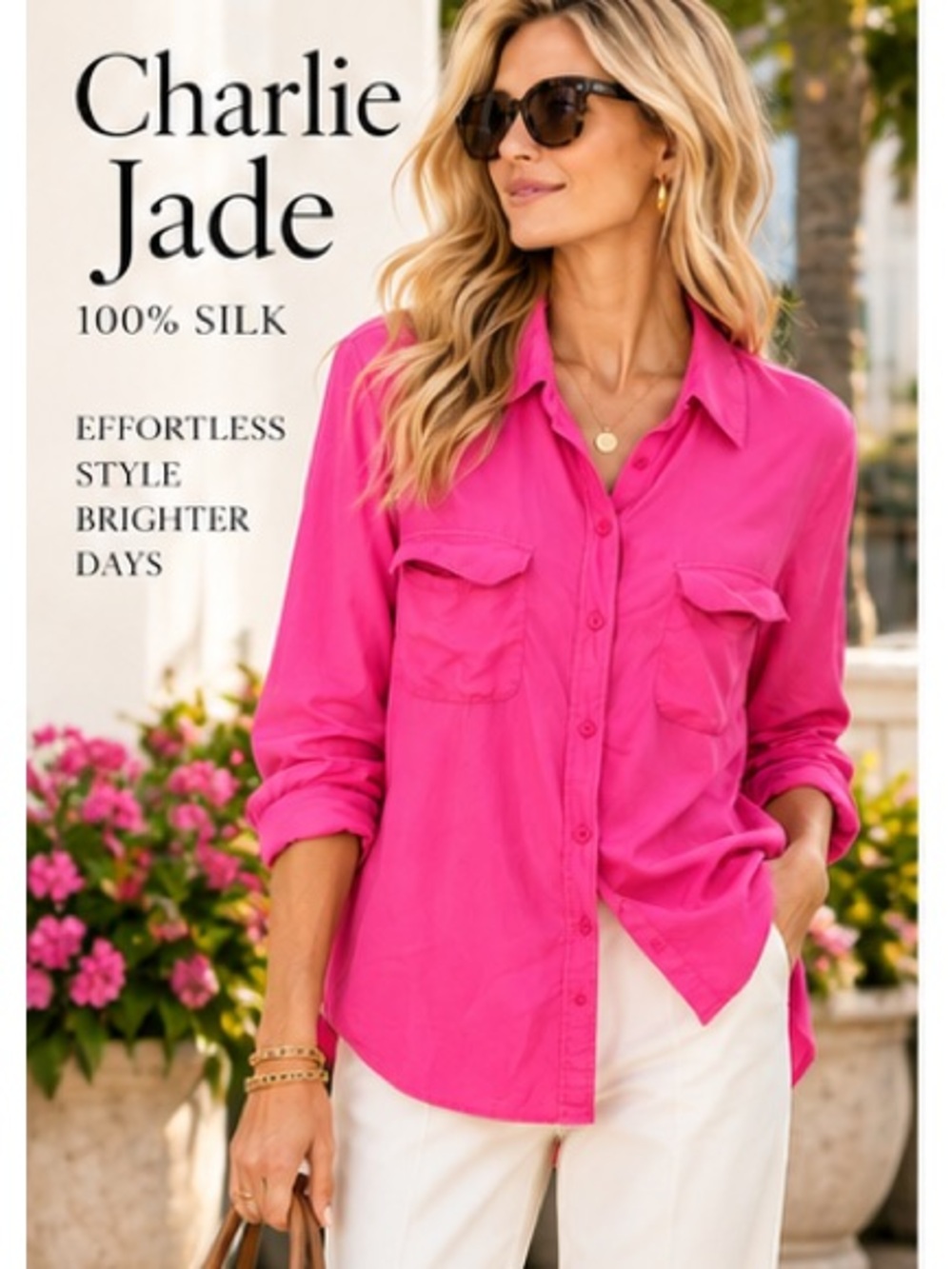 Charlie Jade 100% Silk Hot Pink Utility Button Down Shirt Blouse S - Picture 7 of 7